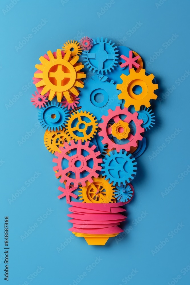 A light bulb made of colorful gears on a blue background, in a flat lay top view, in the style of a copy space concept for business ideas and creative thinking A light bulb made of colorful gears on a blue background, in a flat lay top view, in the style of a copy space concept for business ideas and creative thinking