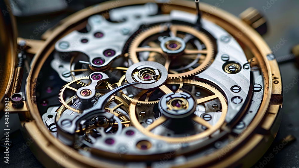 Gears, balance and spring on chronograph mechanical watch movement, AI Generative.
