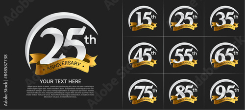 anniversary logotype set vector, silver color with golden ribbon for special day celebration
