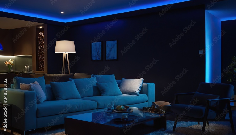 Cozy living room with smart TV voice command IoT devices and ambient lighting. Concept Smart Home Setup, Voice-Activated Tech, Ambient Lighting, Cozy Living Room Cozy living room with smart TV voice command IoT devices and ambient lighting. Concept Smart Home Setup, Voice-Activated Tech, Ambient Lighting, Cozy Living Room