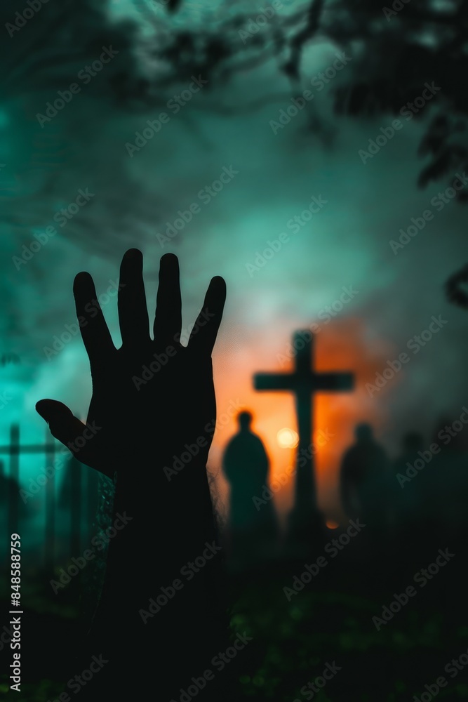 A woman with her arms outstretched in front of the cross is illuminated by a bright light. The outline is fuzzy. This scene conveys her feeling of happily celebrating Easter. A woman with her arms outstretched in front of the cross is illuminated by a bright light. The outline is fuzzy. This scene conveys her feeling of happily celebrating Easter.