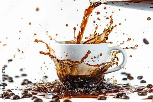 Freshly brewed coffee pouring into cup with coffee beans on white background for enjoyable morning ritual or coffee break