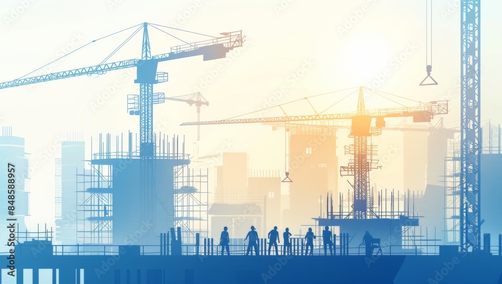 A modern digital illustration of a construction site with cranes and workers, with buildings under development, against a white background