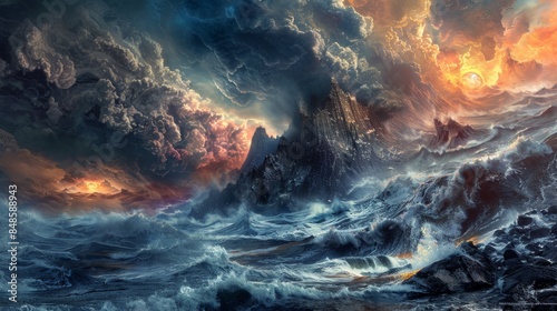 Stormy Seascape with Dramatic Clouds and Mountain