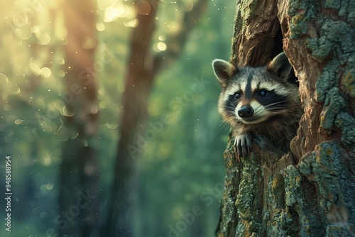 Raccoon peeking out from a tree hollow © khalida