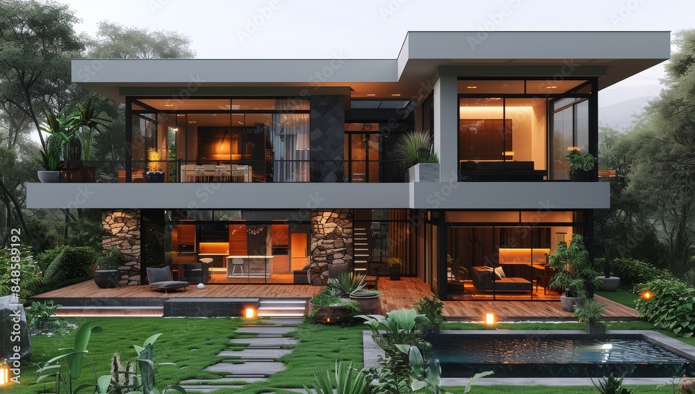 A modern house with large glass windows, white walls and a black roof. A wooden deck terrace is in front of the entrance, with an outdoor dining area near the swimming pool. A modern house with large glass windows, white walls and a black roof. A wooden deck terrace is in front of the entrance, with an outdoor dining area near the swimming pool.