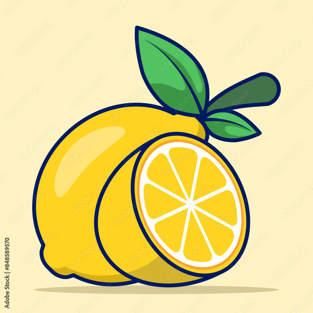 Lemon Adobe File Cartoon Lemon Fruit, bright yellow lemon fruit with green leaf markings ...