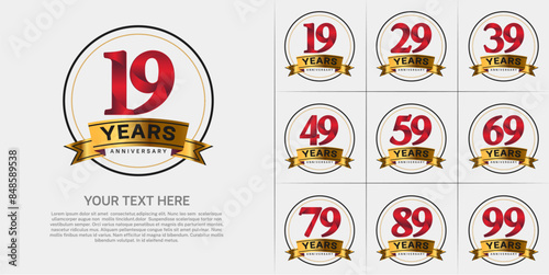 anniversary logotype set vector, red color with circle and gold ribbon for special day celebration