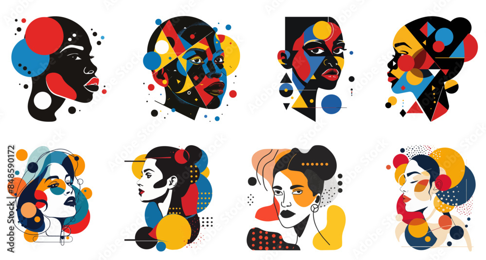 Set of woman face portrait, Abstract art vector illustration poster with geometric minimal shapes and lines in muted colors, hand drawn doodle style Set of woman face portrait, Abstract art vector illustration poster with geometric minimal shapes and lines in muted colors, hand drawn doodle style