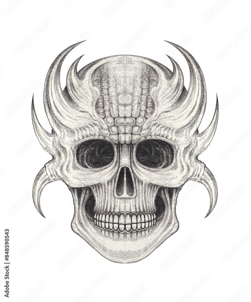 Demon skull tattoo design by hand drawing on paper. Demon skull tattoo design by hand drawing on paper.