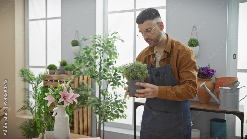 A young hispanic man tends plants in a sunlit indoor flower shop, conveying a sense of career and urban gardening. A young hispanic man tends plants in a sunlit indoor flower shop, conveying a sense of career and urban gardening.