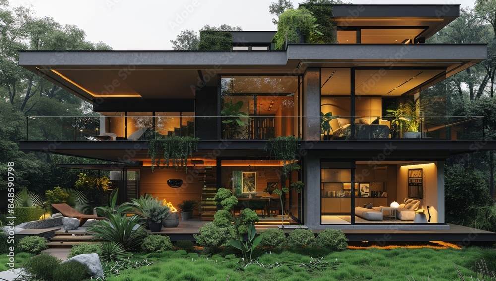 A sleek, modern house with large glass windows and an open-air deck overlooking the backyard, showcasing high-end interior design in black and white tones. A sleek, modern house with large glass windows and an open-air deck overlooking the backyard, showcasing high-end interior design in black and white tones.