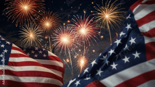 Celebratory fireworks on background of american flag 
