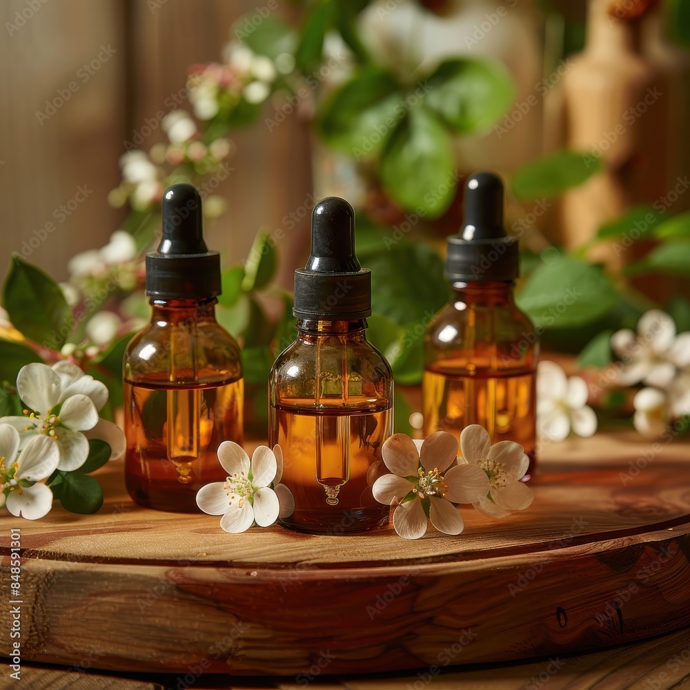 Mockup serum bottles of essential oils are displayed on a wooden tray with flowers Mockup serum bottles of essential oils are displayed on a wooden tray with flowers