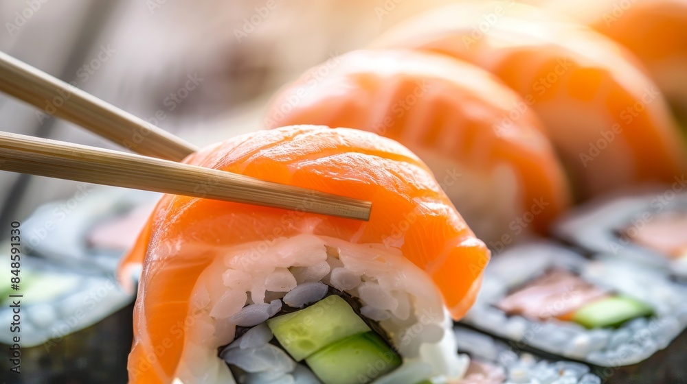 Macro shot of sushi being held by chopsticks on blurred background with space for text Macro shot of sushi being held by chopsticks on blurred background with space for text