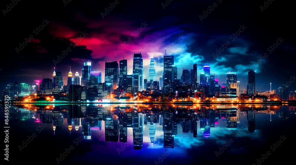 Fototapeta premium The Perfect for Urban-Themed Events, Futuristic Advertising, and Modern Marketing Campaigns of Dynamic Neon Night Cityscape, high-quality photograph captures the dazzling array of neon lights