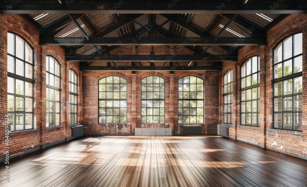 A wide shot of an empty room with large windows and brick walls, wooden floor. A wide shot of an empty room with large windows and brick walls, wooden floor.