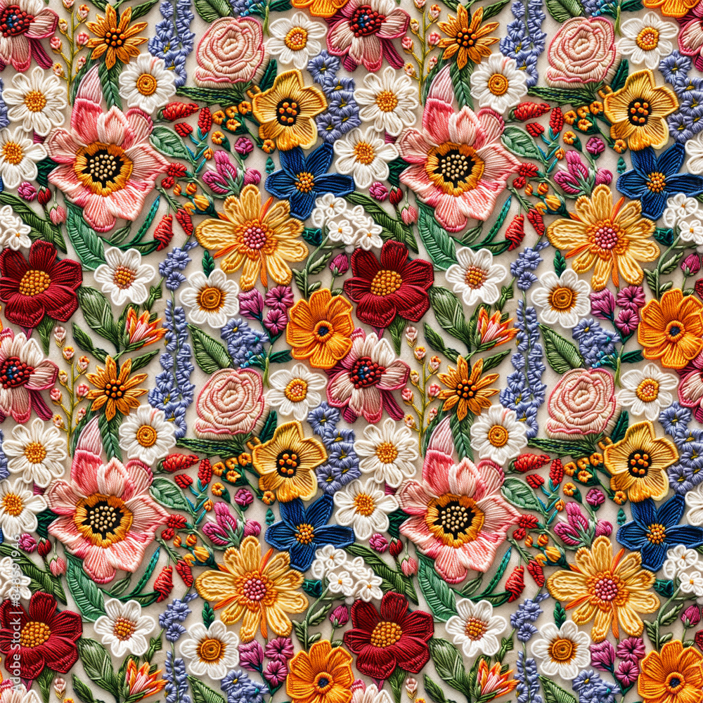 Floral embroidery from knitting wool, yarn, seamless pattern. Floral embroidery from knitting wool, yarn, seamless pattern.