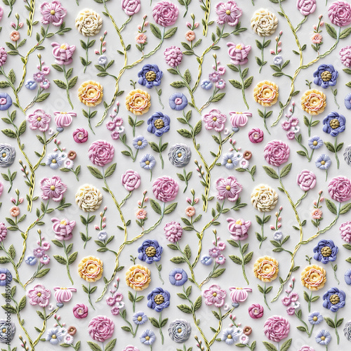 Floral embroidery from knitting wool, yarn, seamless pattern.