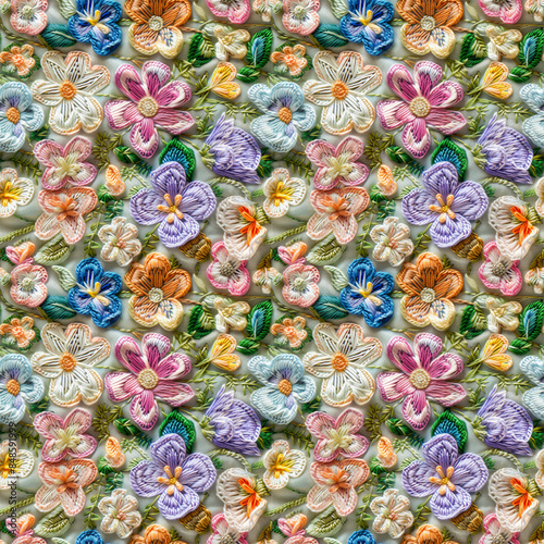 Floral embroidery from knitting wool, yarn, seamless pattern.