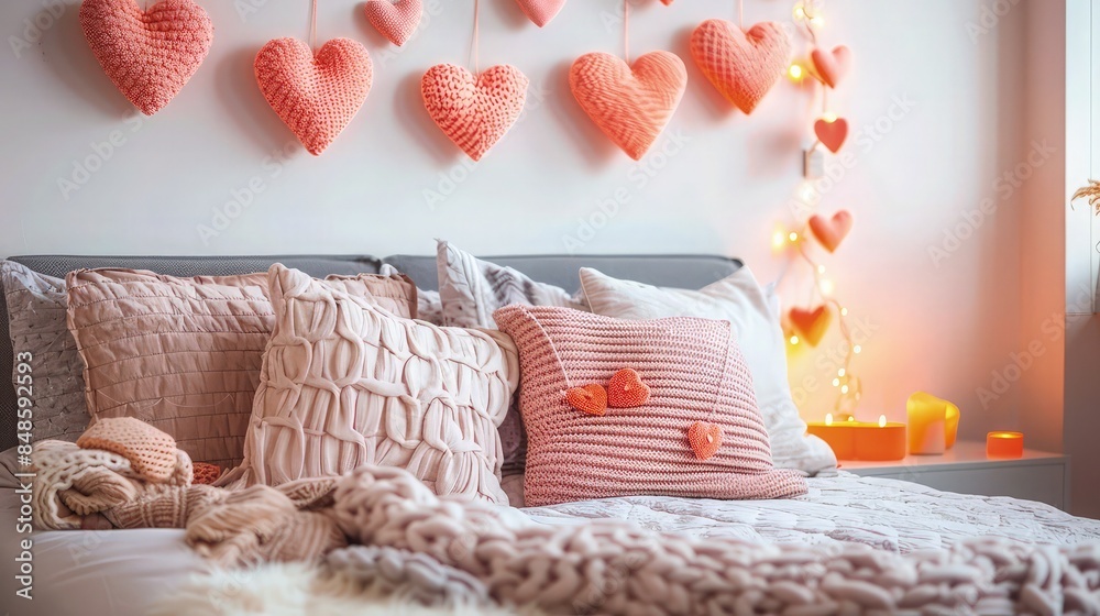 Beautiful cozy bedroom decorated for a festival with coral pink hanging hearts above a cozy bed, close-up view.