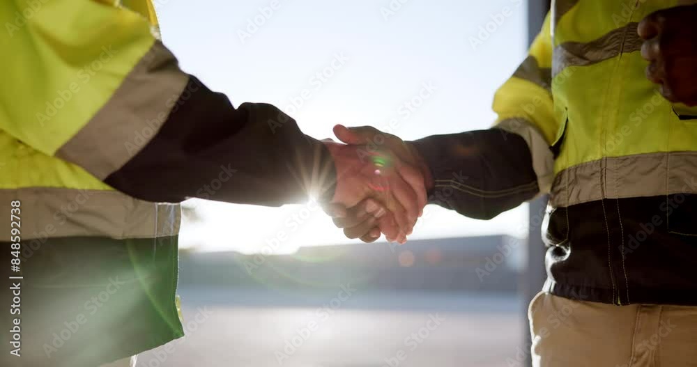 Handshake, architects or construction workers agree for partnership, teamwork or collaboration. People, support or community greeting together on site for inspection, maintenance or b2b communication