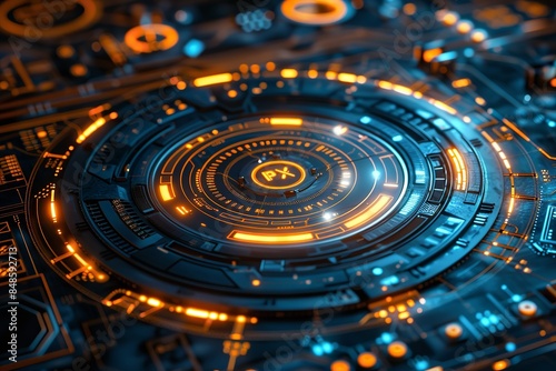 Wallpaper Mural A close-up view of a futuristic circular interface, glowing with bright blue and orange light Torontodigital.ca