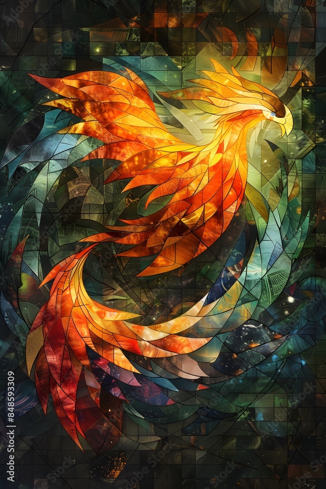 Fototapeta premium Cubism Art, Fierce LGBTQ+ protector trolls guarding an eternal flame, discovering love and purpose through the phoenix's guidance., Hyperrealism