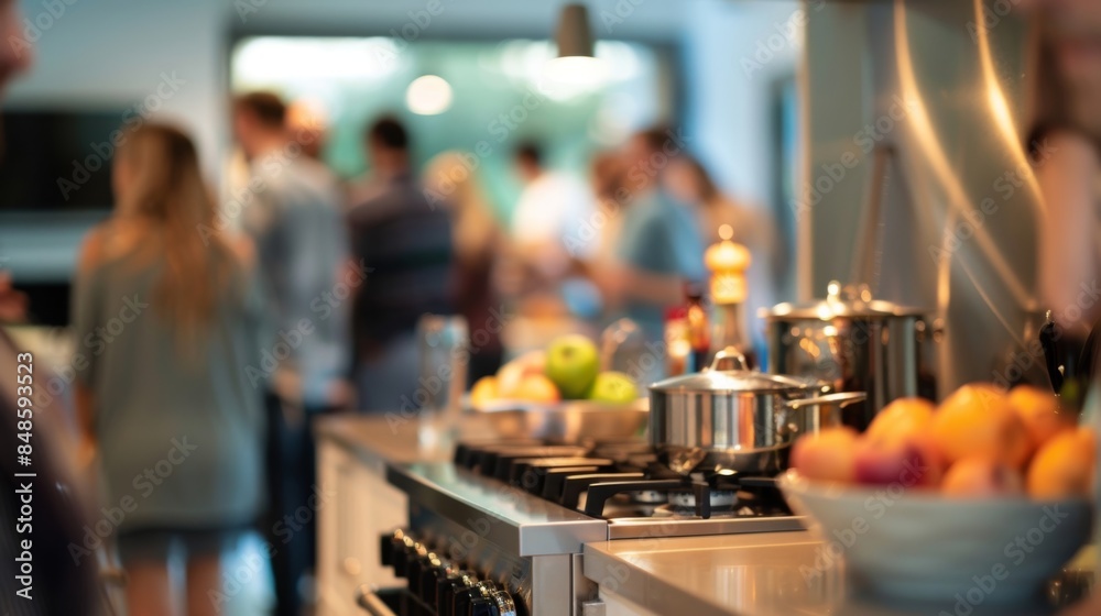 Blurred view of guests admiring the updated appliances in the kitchen at the open house Blurred view of guests admiring the updated appliances in the kitchen at the open house