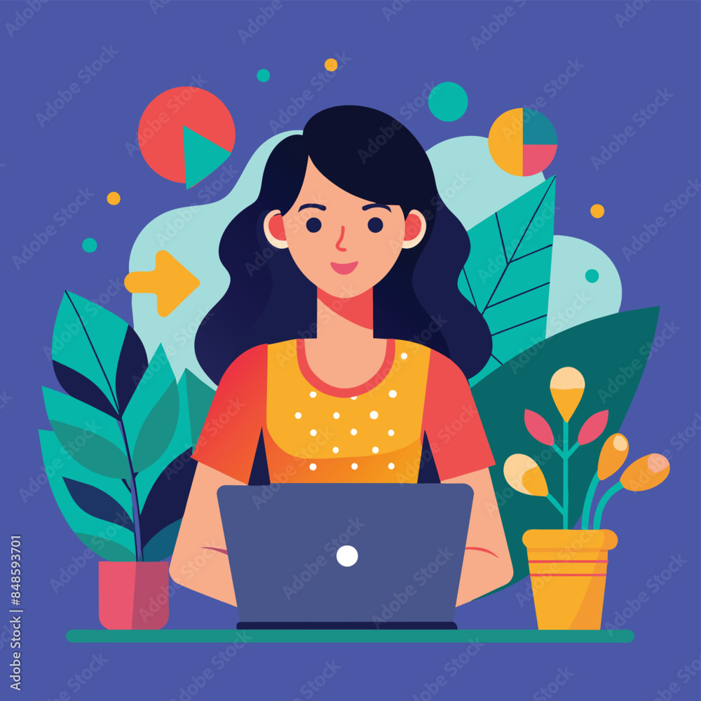 Minimal Hand-Drawn Vector Illustration of Girl Working on Laptop Minimal Hand-Drawn Vector Illustration of Girl Working on Laptop