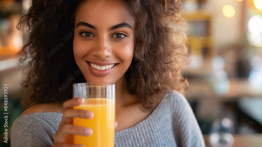 a smiling woman holding a glass of orange juice. a smiling woman holding a glass of orange juice.