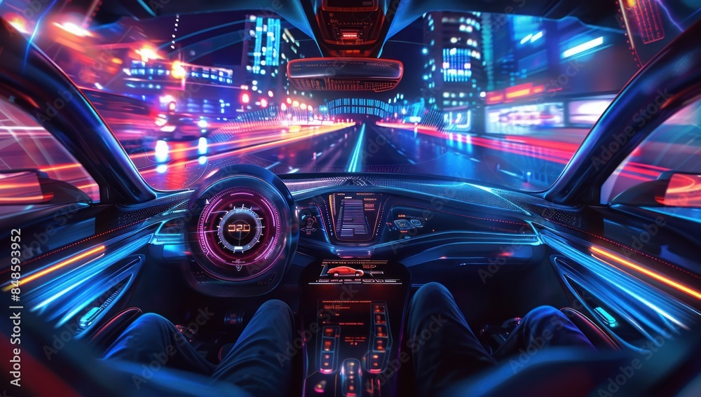 An advanced car interior with a digital display showing speed and location against a backdrop of city lights at night