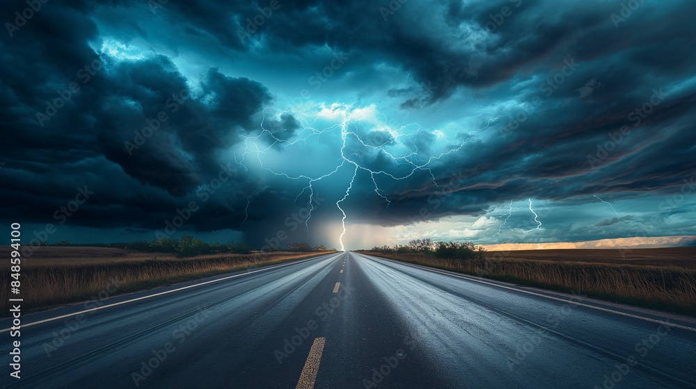 Dramatic photo of a stormy road with rain, lightning