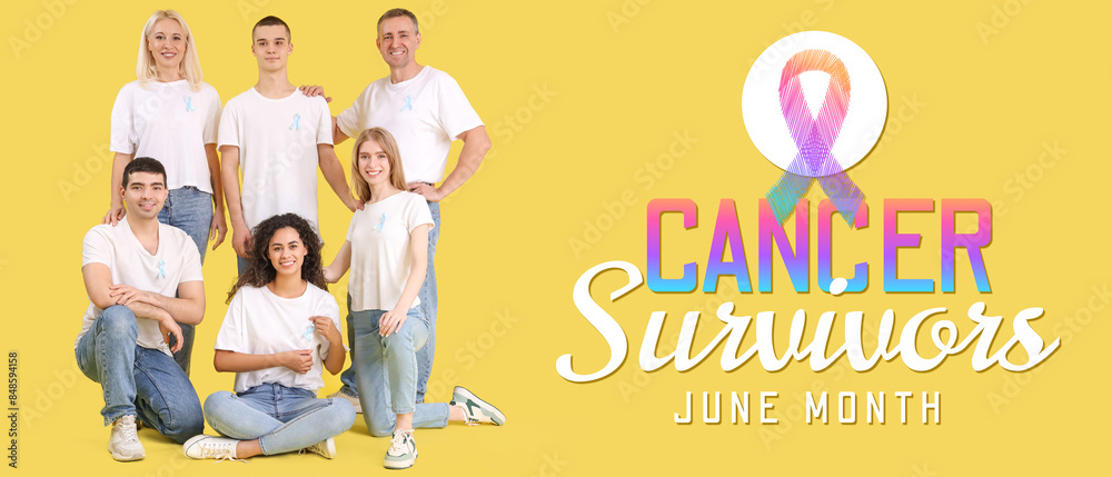 Fototapeta premium People with blue awareness ribbons on yellow background. World Cancer Day