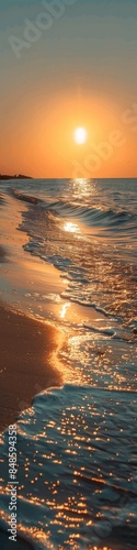 An illustration of a beautiful beach with clear blue water at sunset. 