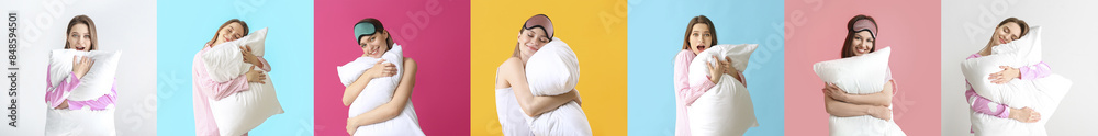 Set of young women with soft pillows on color and light backgrounds Set of young women with soft pillows on color and light backgrounds