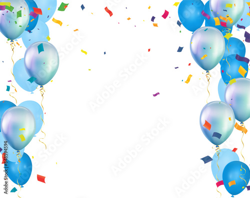 Vector illustration of blue balloons with confetti and ribbons on white background