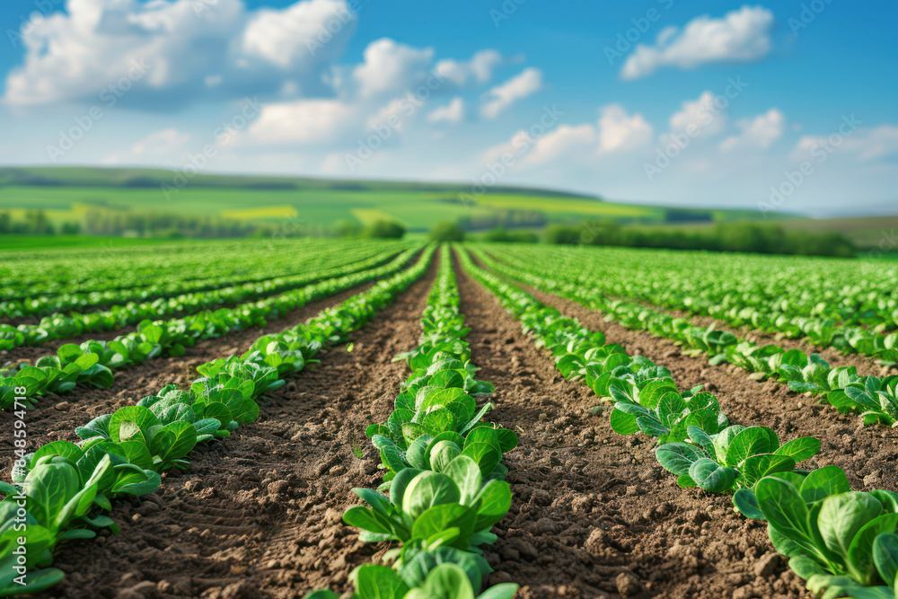 Lush Green Agricultural Field with Rows of Growing Crops Under Bright Blue Sky with Fluffy Clouds on a Sunny Day, Showcasing Farming and Agriculture Landscape Lush Green Agricultural Field with Rows of Growing Crops Under Bright Blue Sky with Fluffy Clouds on a Sunny Day, Showcasing Farming and Agriculture Landscape