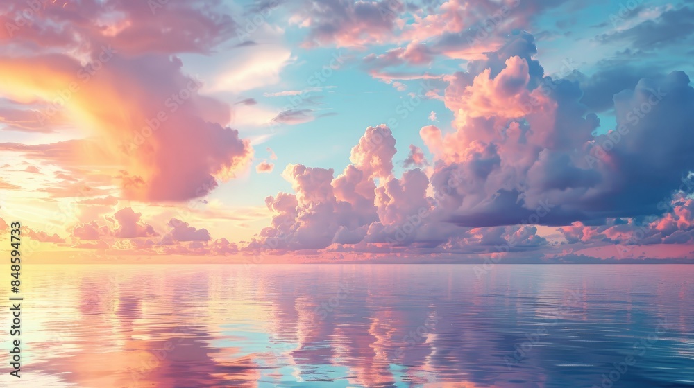 Fototapeta premium Dramatic clouds backdrop enhancing colorful sky over sea during sunset or sunrise