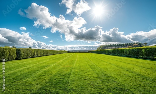 Serene Landscape: Bright Sky with Fluffy White Clouds Over Green Lawn, Minimalist Design.