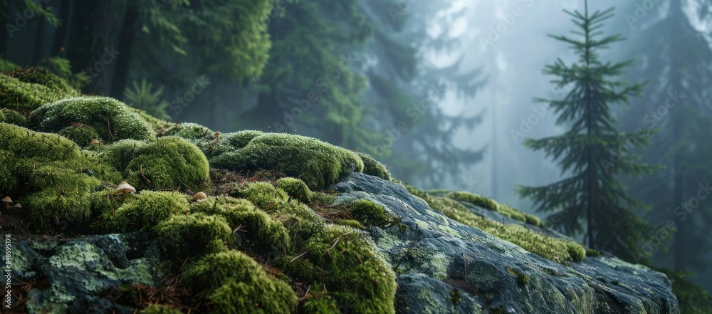 Close Up of Mossy Rock in Foggy Forest Close Up of Mossy Rock in Foggy Forest