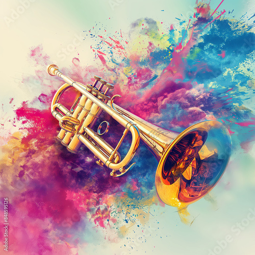 A vibrant trumpet emerges from colorful paint splashes