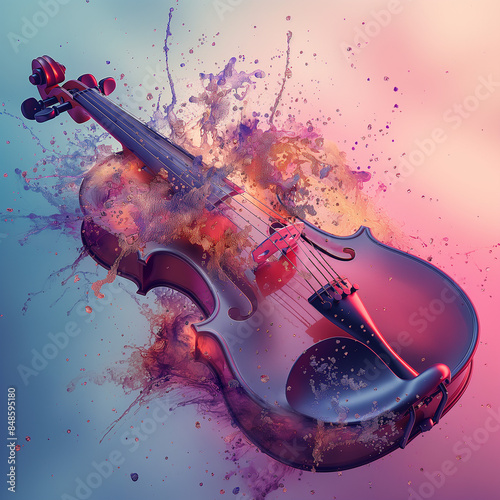 A creative and dynamic digital artwork of a violin exploding with colorful splashes