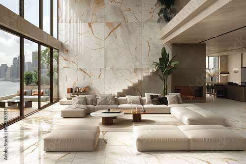 Luxurious New York City penthouse interior featuring minimalist design with marble textures. Sunlight filters through large windows, creating a warm and inviting atmosphere. Intricate and photo-realis