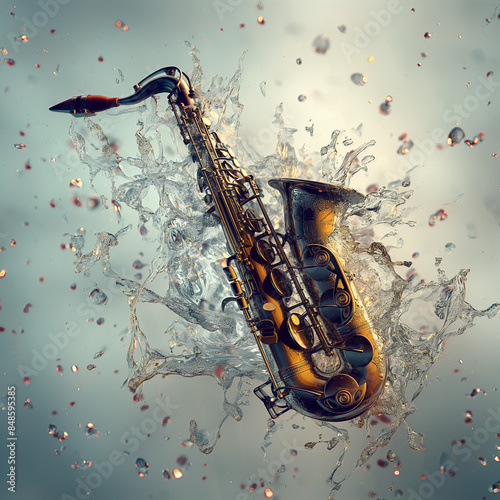 A unique image depicts a saxophone seemingly emerging or sinking into water, with dynamic water splashes around it