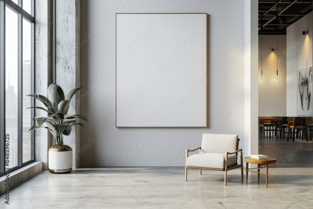 Mockup of blank wall with poster in office room created with Generative AI Mockup of blank wall with poster in office room created with Generative AI