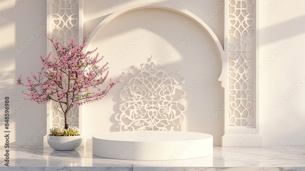 Minimalist White Platform with Pink Blossom Tree and Intricate Latticework Minimalist White Platform with Pink Blossom Tree and Intricate Latticework