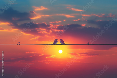 a pair of birds sitting on wire blurred sunset background, Birds in love. Silhouette of couple birds photo