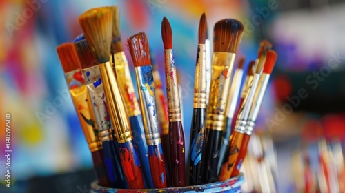 A vibrant collection of paintbrushes covered in colorful paint, standing in a container in an artist's studio.
