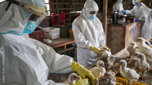 Researchers in Full PPE Inspect Chicks to Combat Avian Influenza